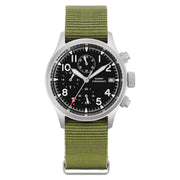 White-indices chronograph on a green nylon strap, front view