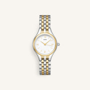 Two-tone watch with gold bezel and silver and gold bracelet, front view