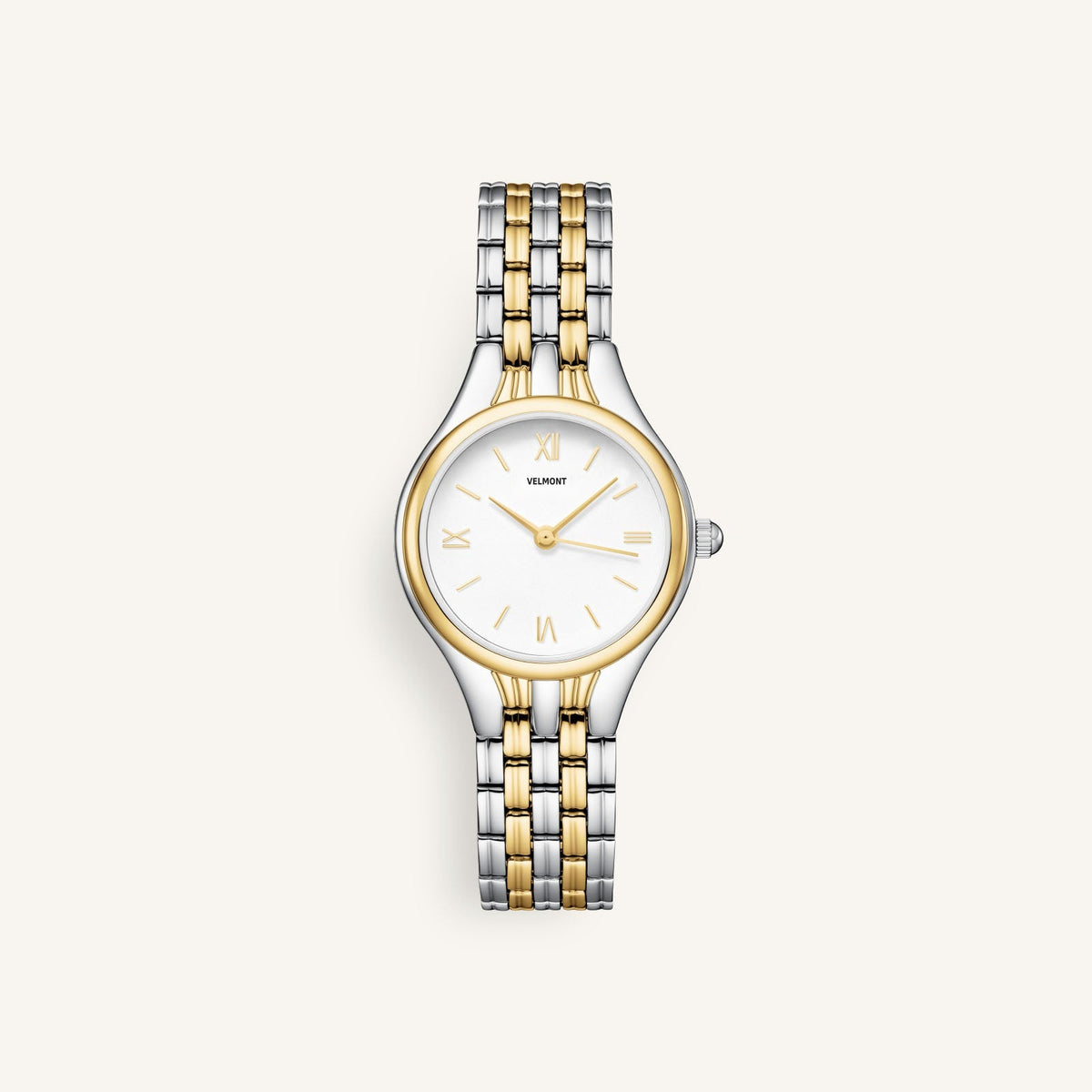 Two-tone watch with gold bezel and silver and gold bracelet, front view