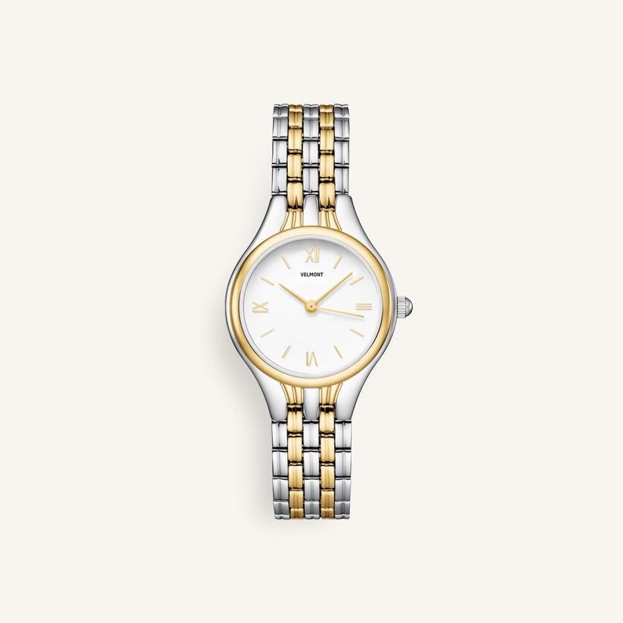 Two-tone watch with gold bezel and silver and gold bracelet, front view