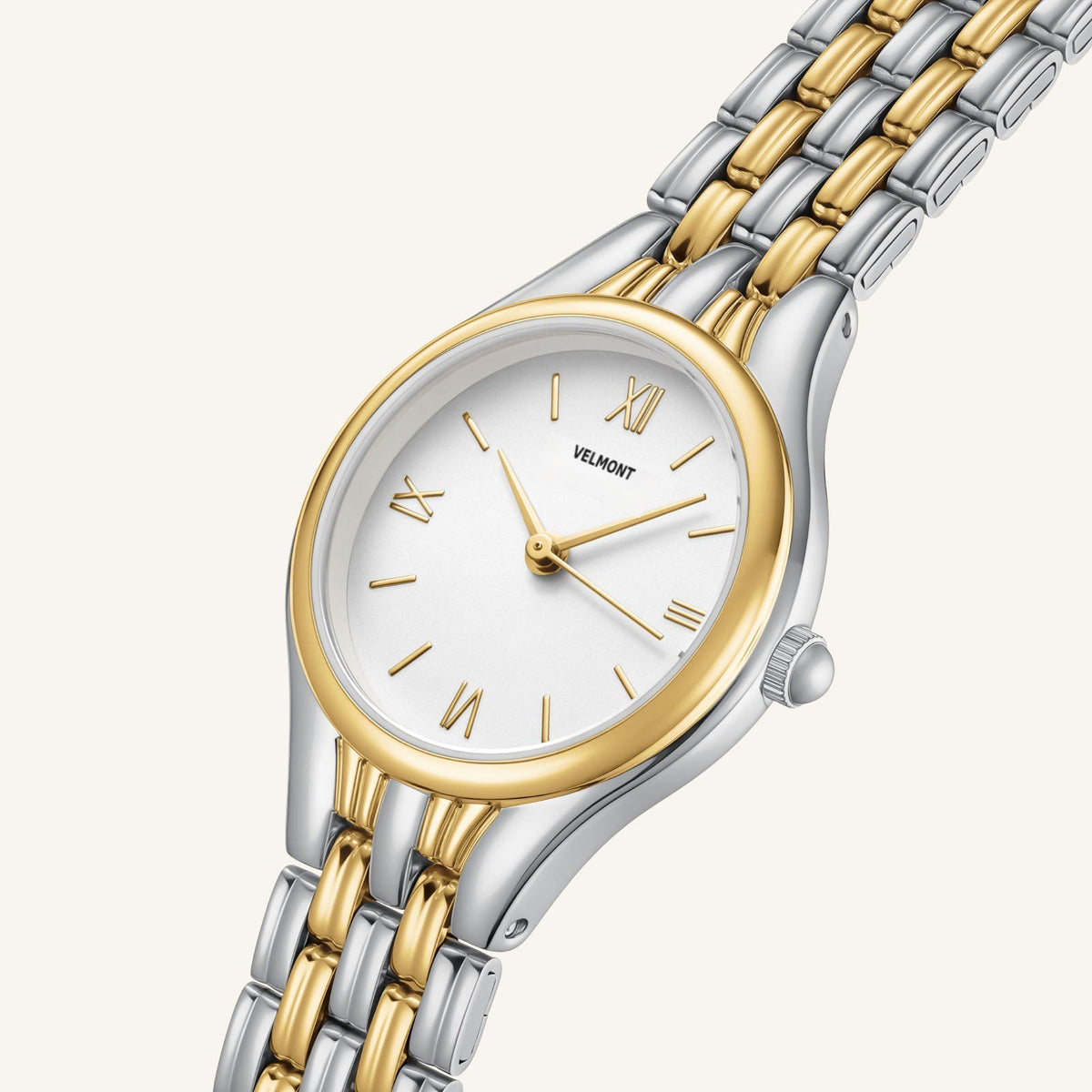 Close-up of the dial with gold Roman numerals