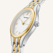 Two-tone watch case and bracelet at an angle