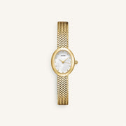 Gold-tone oval watch on a woven bracelet, front view