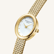 Close-up of the oval case and iridescent dial