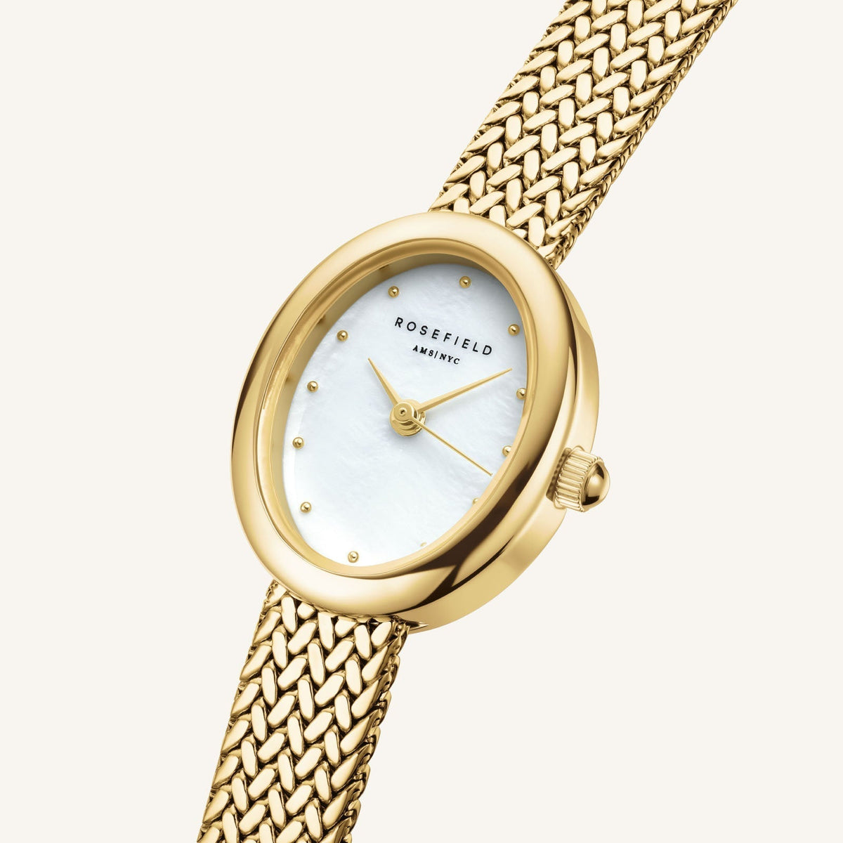 Close-up of the oval case and iridescent dial