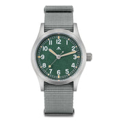Green-dial military watch on a gray nylon strap