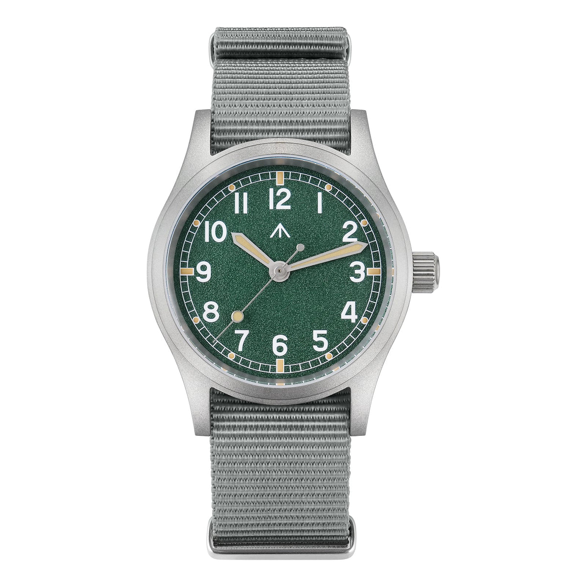 Green-dial military watch on a gray nylon strap