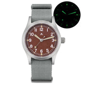 Red-brown dial watch with glow inset