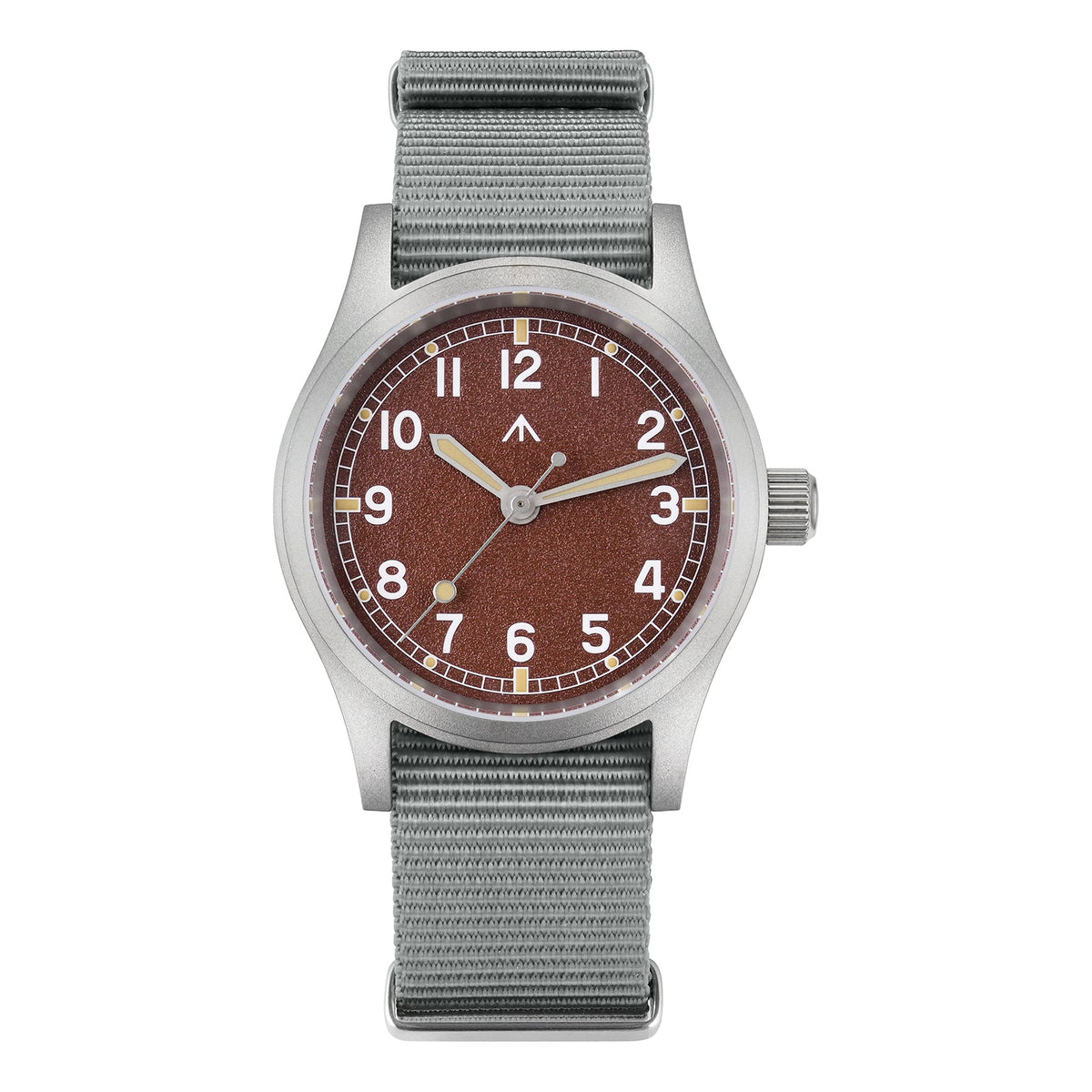 Red-brown dial military watch on a gray nylon strap