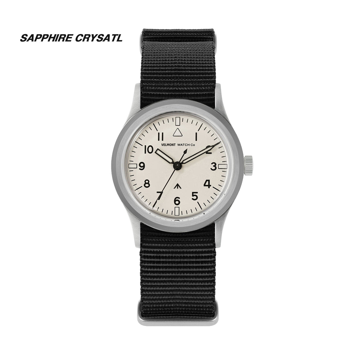 Cream-dial military watch labeled Sapphire Crystal