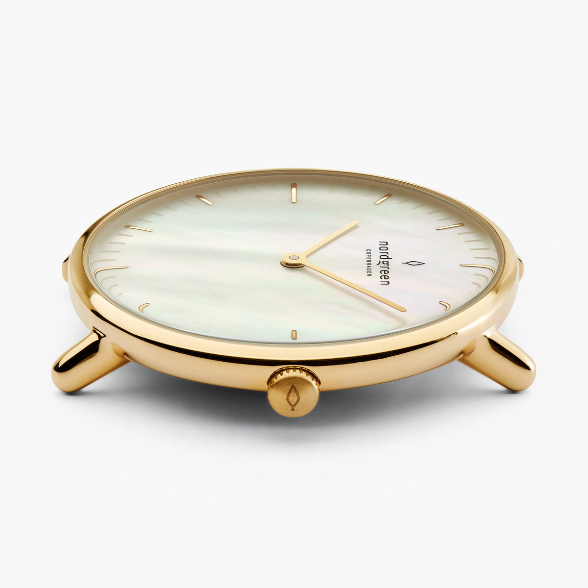 Profile of the slim gold-tone case showing the crown and thin lugs.