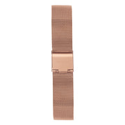 Rose gold-tone mesh strap with a fold-over clasp, shown upright.