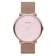 Rose gold-tone watch with a blush pink dial on a matching mesh strap, front view.