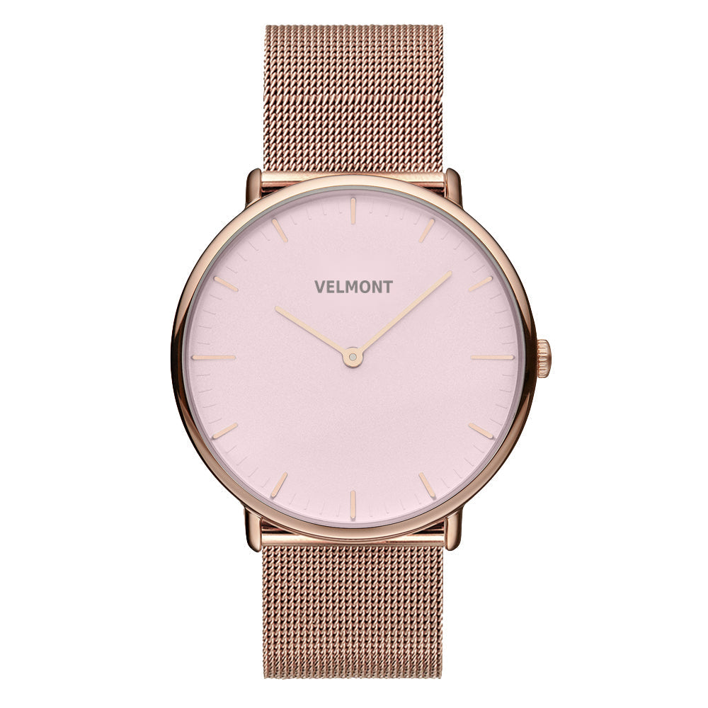 Rose gold-tone watch with a blush pink dial on a matching mesh strap, front view.