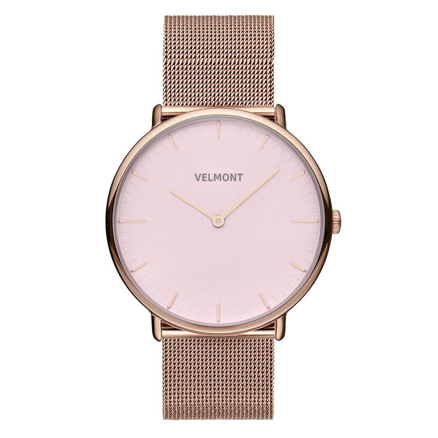 Rose gold-tone watch with a blush pink dial on a matching mesh strap, front view.