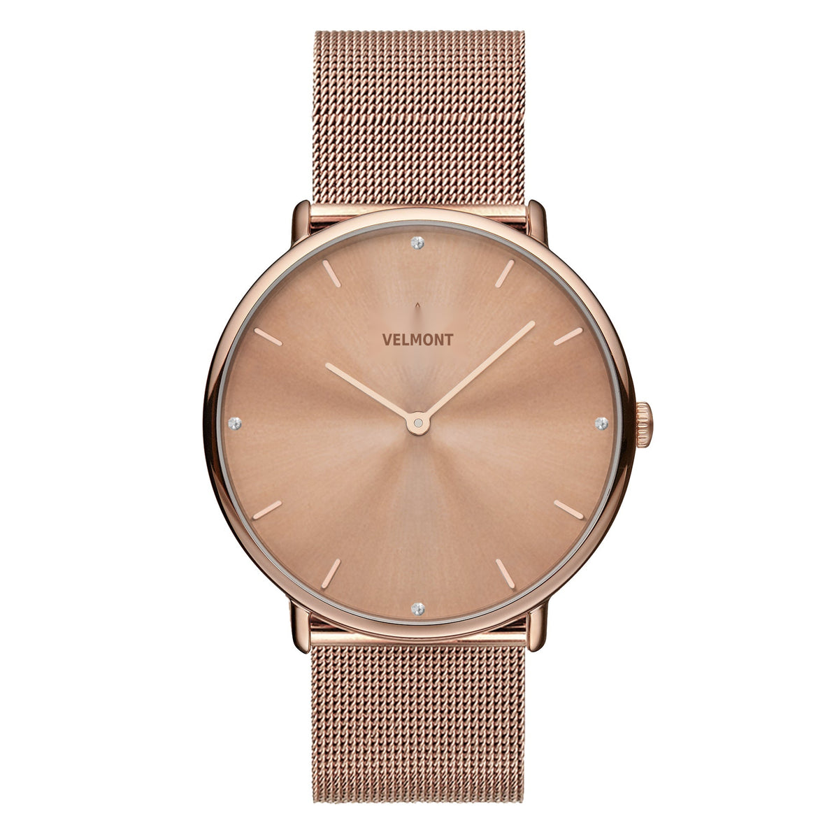 Watch with a rose gold-tone sunburst dial, matching case and rose gold-tone mesh strap.