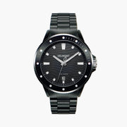 Black diver-style watch with a wave-textured dial on a black link bracelet.