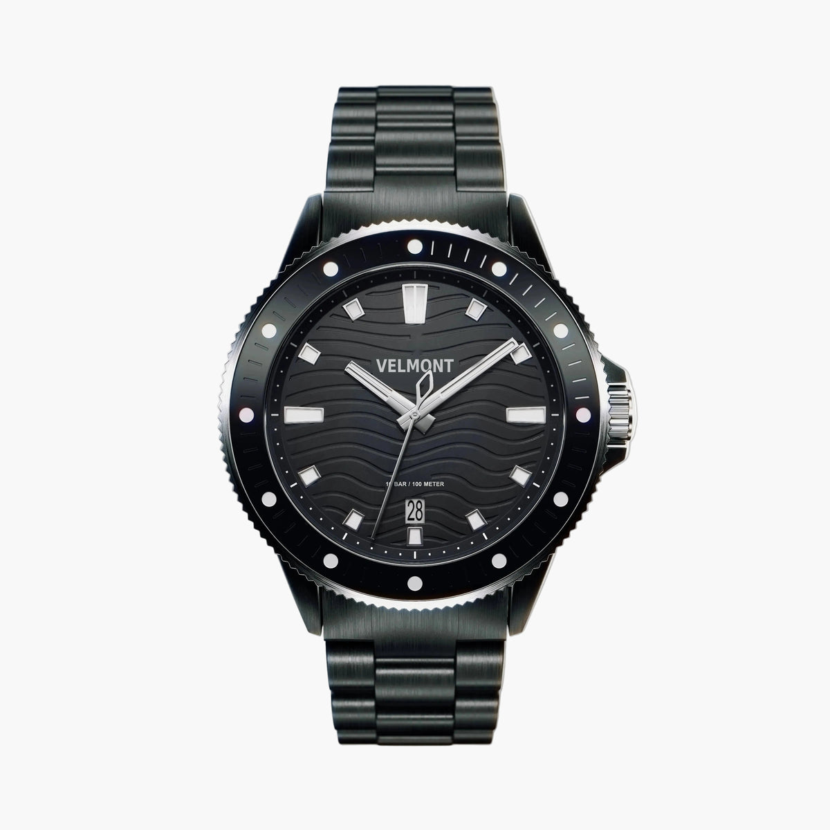 Black diver-style watch with a wave-textured dial on a black link bracelet.