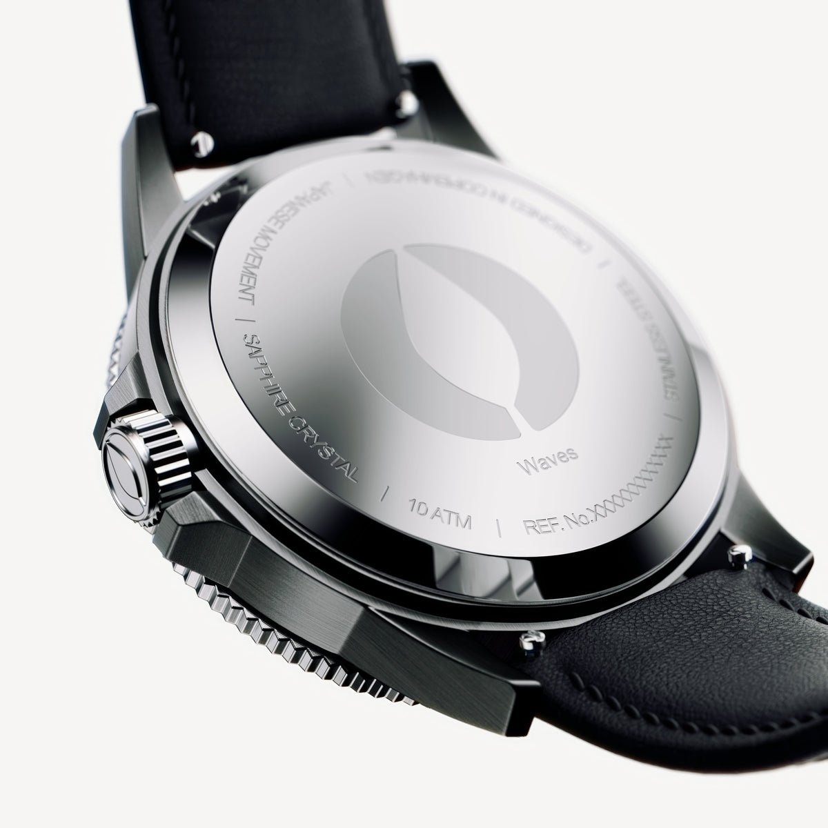 Angled case back with an engraved emblem and the black strap attached.