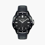 Black diver-style watch with a wave-textured dial and smooth black strap, front view.