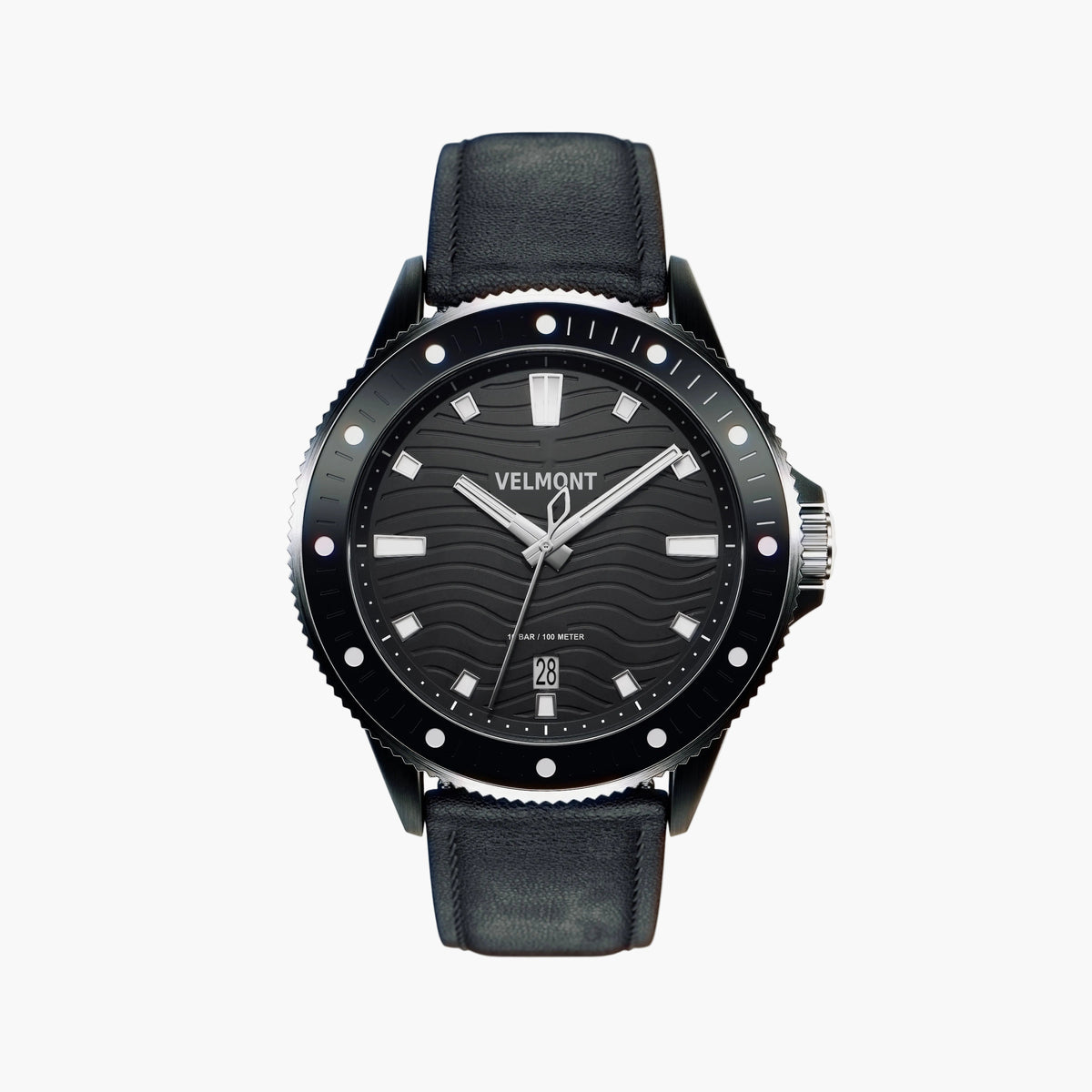 Black diver-style watch with a wave-textured dial and smooth black strap, front view.