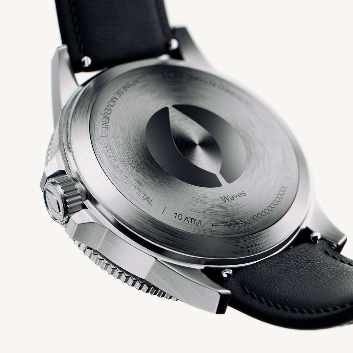 Brushed silver-tone case back and crown of the watch on a black strap.
