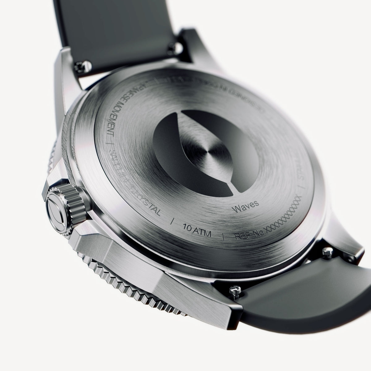 Silver-tone case back with a raised medallion and dark strap.