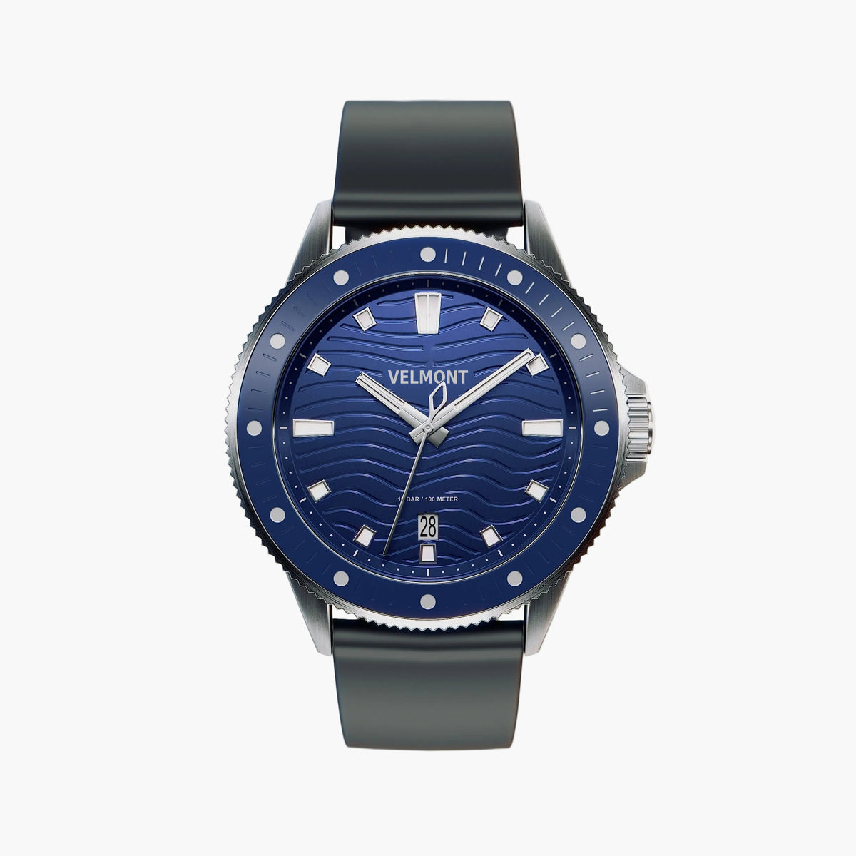 Diver-style watch with a blue wave-patterned dial, blue dotted bezel and dark strap.