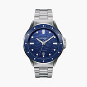 Diver-style watch with a blue wave dial, blue bezel and silver-tone link bracelet.