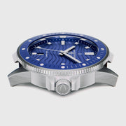 Side profile of the silver-tone case showing the coin-edge bezel and crown.