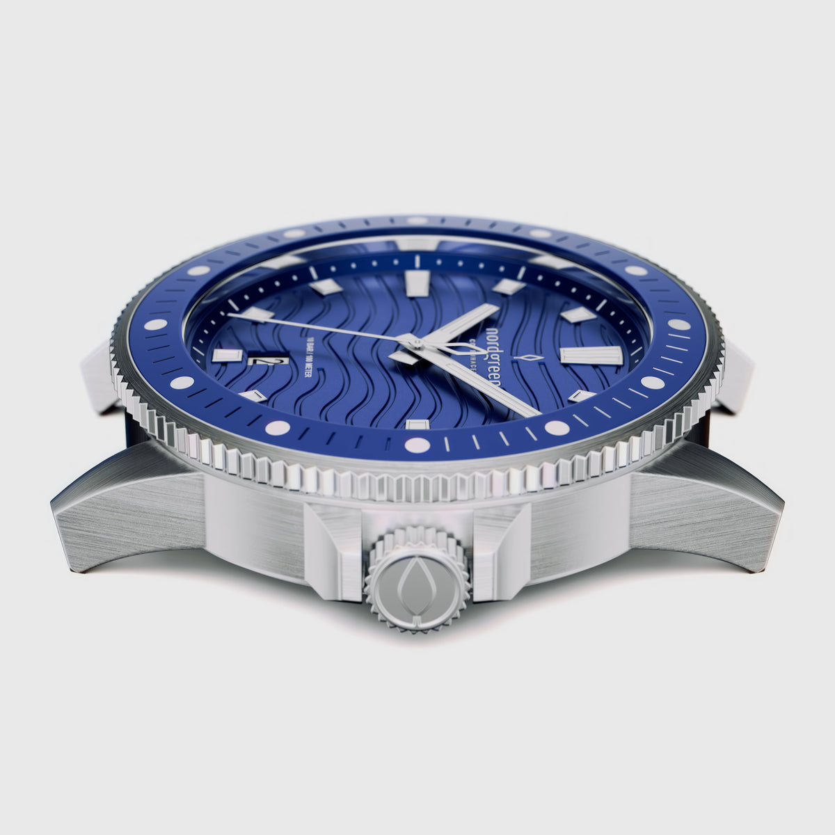 Side profile of the silver-tone case showing the coin-edge bezel and crown.