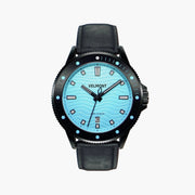 Black diver-style watch with a light turquoise wave dial on a matte black strap.