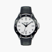 Diver-style watch with a white wave-textured dial and black bezel on a black strap.