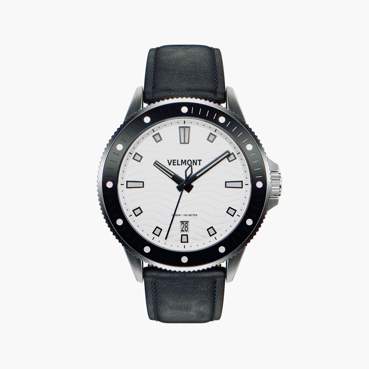 Diver-style watch with a white wave-textured dial and black bezel on a black strap.