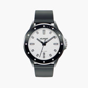 Diver-style watch with a white wave-patterned dial, black dotted bezel and dark gray strap.