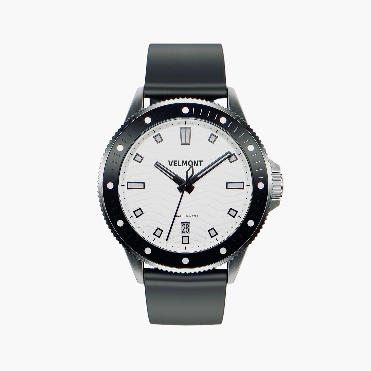 Diver-style watch with a white wave-patterned dial, black dotted bezel and dark gray strap.