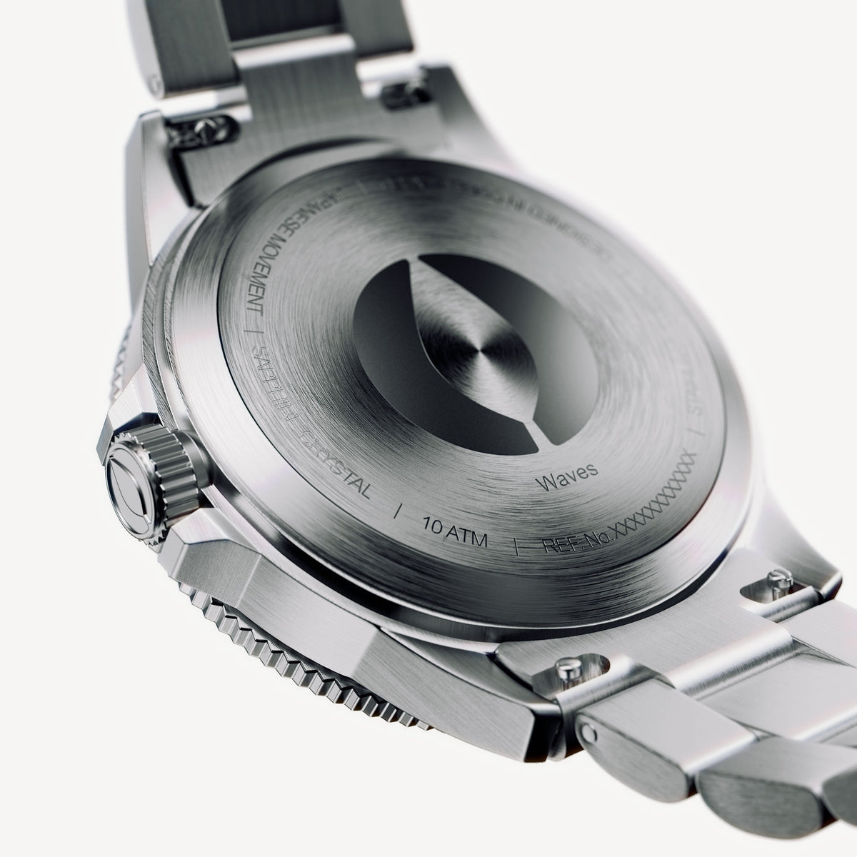 Brushed silver-tone case back and bracelet seen from below.