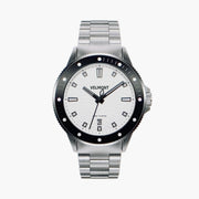 Diver-style watch with a white wave dial, black bezel and silver-tone link bracelet.