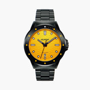 Diver-style watch with a yellow wave dial, black bezel and black link bracelet.