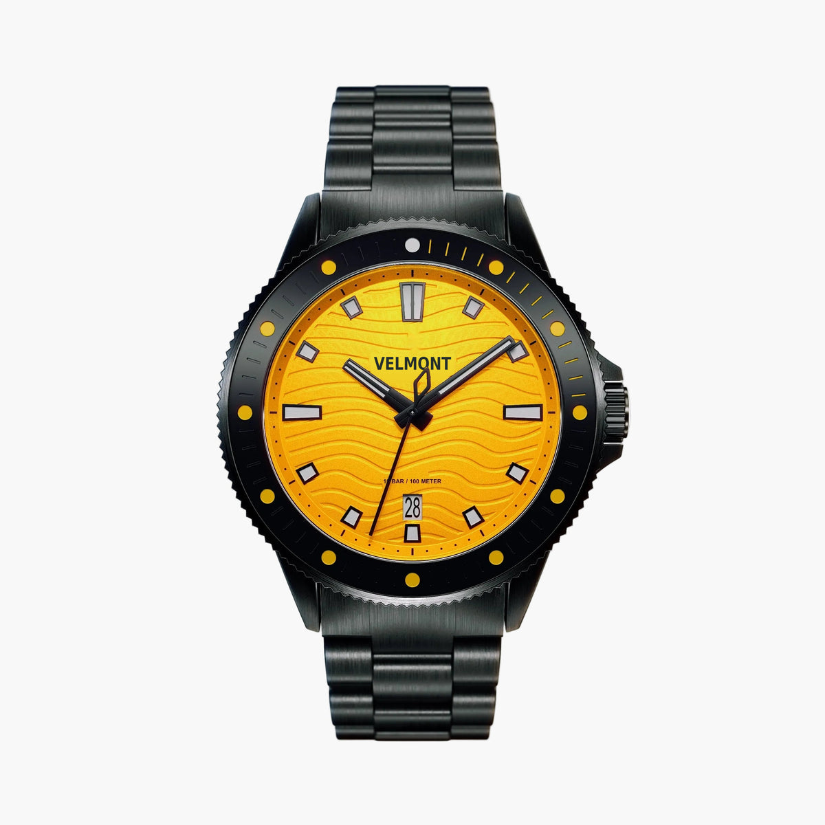 Diver-style watch with a yellow wave dial, black bezel and black link bracelet.