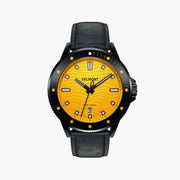 Black diver-style watch with a yellow wave-patterned dial on a matte black strap.