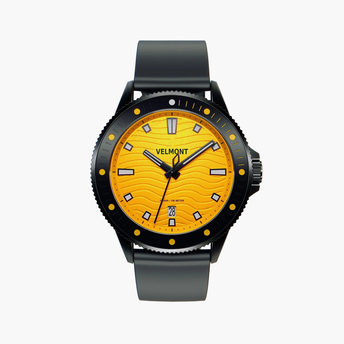 Black diver-style watch with a yellow wave-patterned dial and dark rubbery strap.