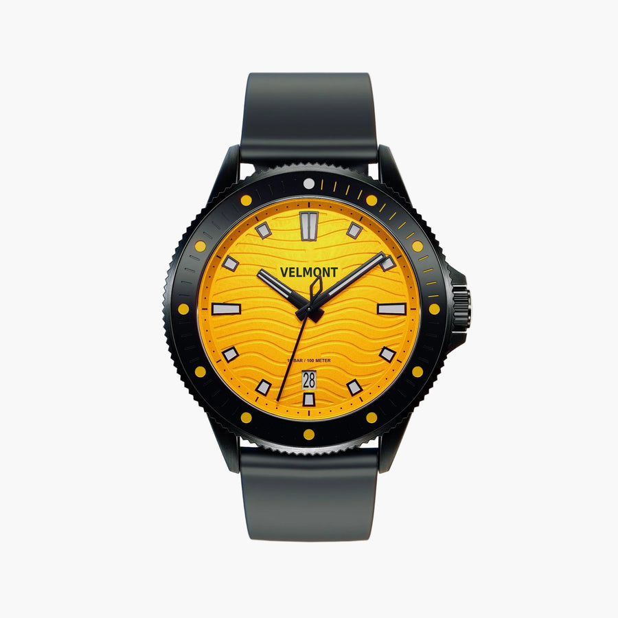 Black diver-style watch with a yellow wave-patterned dial and dark rubbery strap.