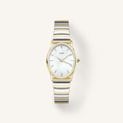Oval two-tone watch with iridescent dial, front view