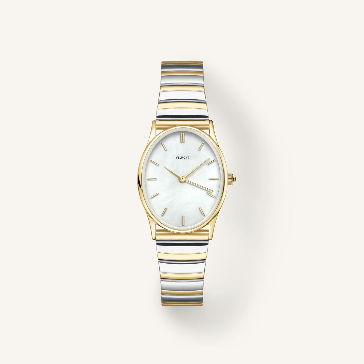 Oval two-tone watch with iridescent dial, front view