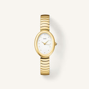 Gold-tone oval watch with chunky link bracelet, front view