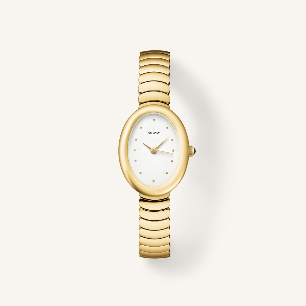Gold-tone oval watch with chunky link bracelet, front view