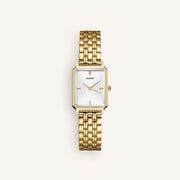 Gold-tone rectangular watch with cut corners and link bracelet, front view