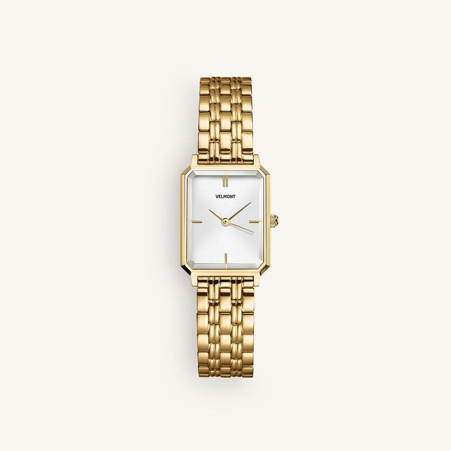 Gold-tone rectangular watch with cut corners and link bracelet, front view