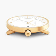 Side profile of the gold-tone case showing the knurled crown.